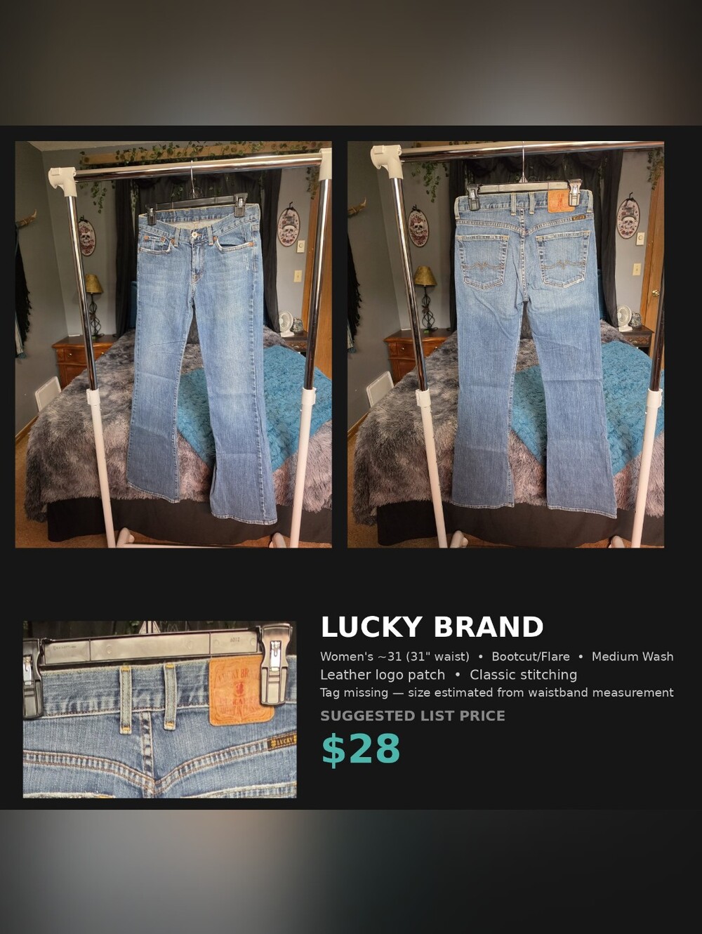 Lucky Brand Bootcut Jeans Medium Wash 31in Waist No Size Tag Leather Patch